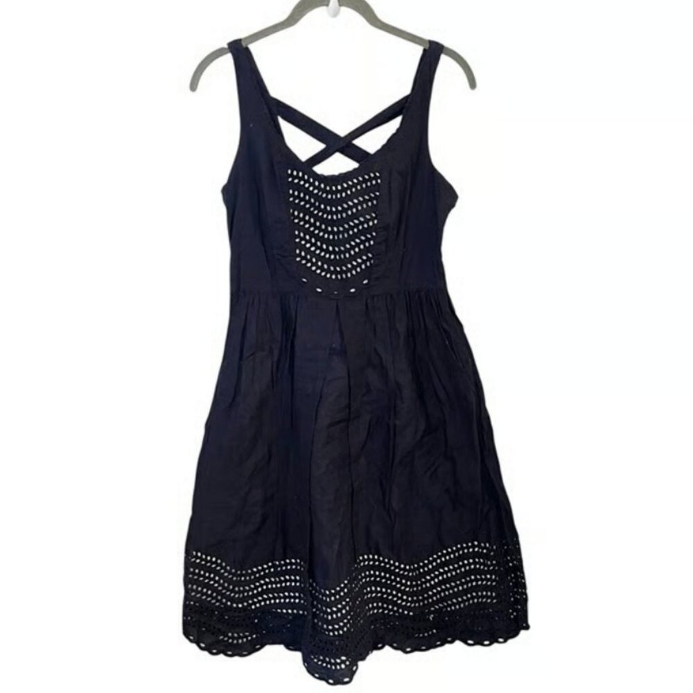 Moulinette Soeurs / Anthropologie Navy Blue Eyelet Cross Back A-Line Dress